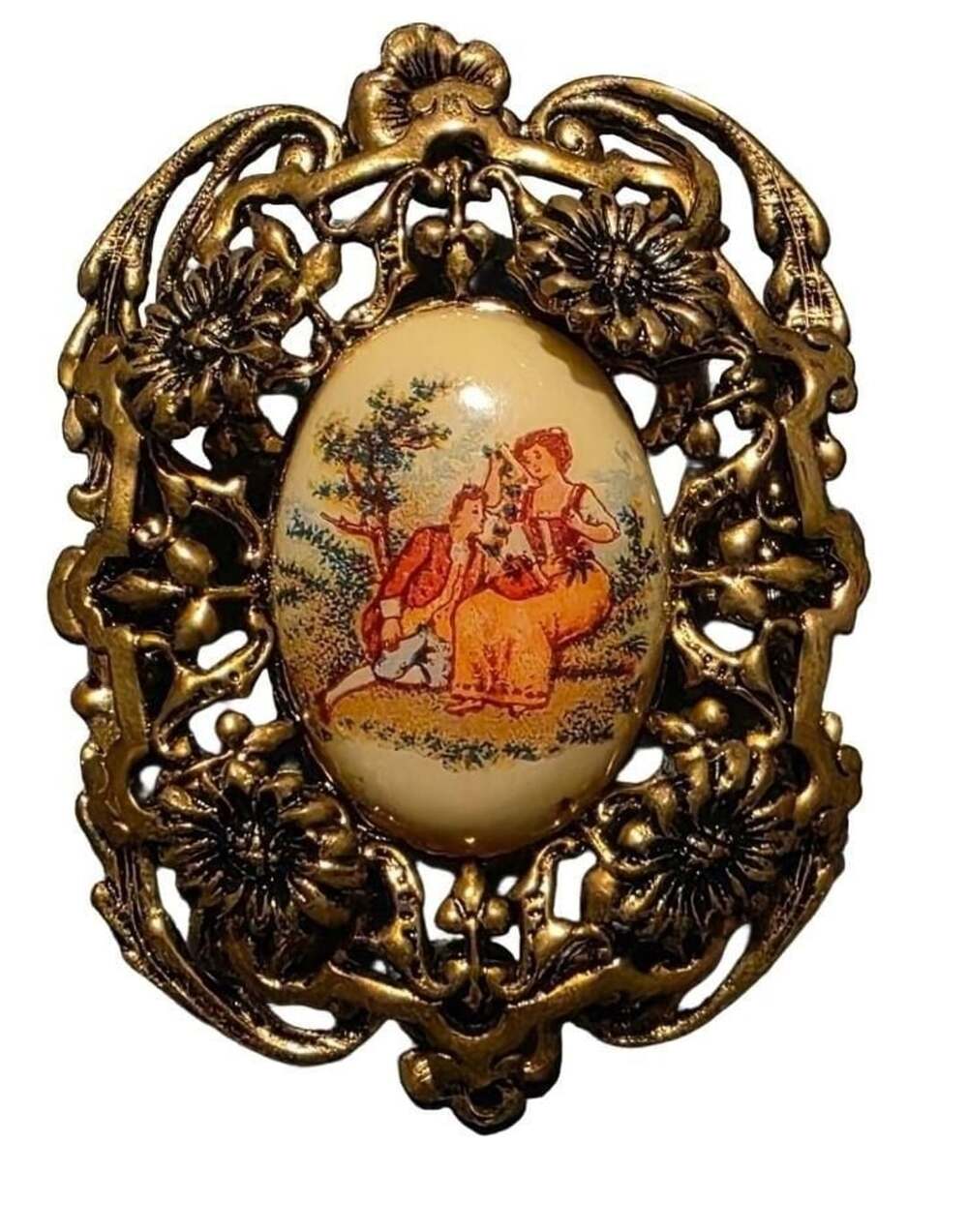Vintage Gold Tone Victorian Courting Couple Filigree Brooch Pin